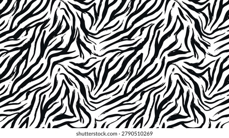 A seamless vector pattern featuring bold black and white zebra stripes with swirling lines, presented as a striking silhouette.