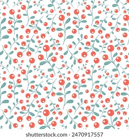 Seamless vector pattern featuring branches and green leaves, as well as red berries. This type of pattern is ideal for textiles, wallpaper, and other graphic design projects. Christmas background