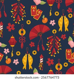 A seamless vector pattern featuring branches with Chinese New Year decorations, lanterns, and fans in bold festive colors. Perfect for prints and creative projects.