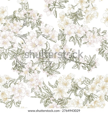 A seamless vector pattern featuring branches of flowering cherry and apple trees. A delicate linear print. Floral wallpaper. A spring background