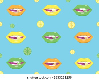 A seamless vector pattern featuring bright, glossy lips in multiple colors, each with citrus slices inside
