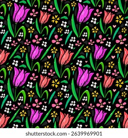 A seamless vector pattern featuring bright and colorful tulips, flowers, and hearts on a black background, evoking cheerful and lively emotions perfect for textile and decorative designs.
