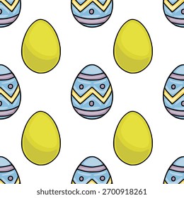 Padrão de vetor sem emenda com ovos de Páscoa amarelos brilhantes e ovos azuis e roxos intrinsecamente decorados com padrões em ziguezague e motivos circulares.
