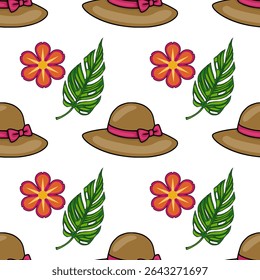 Seamless vector pattern featuring brown sun hats with pink ribbons, vibrant orange flowers, and lush green monstera leaves, creating a cheerful summer vibe.