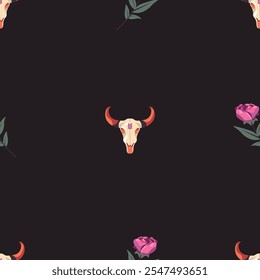 Patrón de Vector sin costuras con calaveras de toro con acentos florales y frondosos, perfecto para proyectos de tela, Fondo de pantalla y digitales.