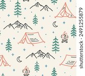 Seamless vector pattern featuring camping elements like tents, campfires, mountains, trees, moons, and stars. Ideal for outdoor adventure designs, fabrics, and wallpapers.