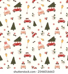 Seamless vector pattern featuring a car with a Christmas tree, gifts, a snowman, and a street lamp on a white background. Ideal for holiday decorations, gift wrapping, and textiles, adding festive joy