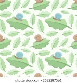 Seamless vector pattern featuring cartoon snails and various green leaves on a light background