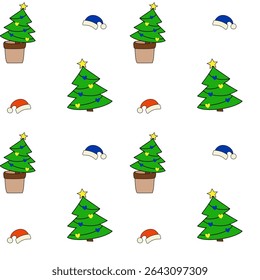 Padrão de vetor sem emenda com desenhos animados árvores de Natal, abetos em vaso, chapéus de Papai Noel azuis e vermelhos, e grinaldas cardíacas festivas em fundo branco