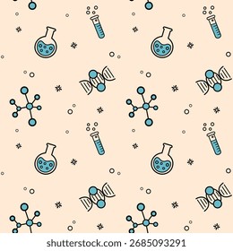 A seamless vector pattern featuring cartoon science icons. The simple, colorful design on a soft background is perfect for educational, medical, or laboratory themes and children's products.