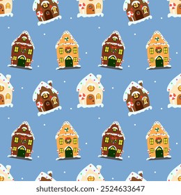 Um padrão de vetor sem costura com casas de inverno em estilo cartoon decoradas para as festas de fim de ano. Ideal para embrulho de presente, têxteis infantis, decoração festiva, cartões de felicitações, artesanato de férias, embalagem.