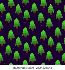 A seamless vector pattern featuring cartoon-style Christmas trees on a dark blue background. Perfect for holiday gift wrap, children's textiles, greeting cards, festive decor, winter crafts.