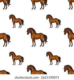 A seamless vector pattern featuring cartoon-style brown horses on a white background. The horses are depicted in various poses, showcasing their distinct features and playful design.