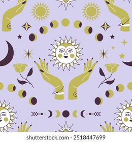 A seamless vector pattern featuring celestial elements like the sun, moon phases, hands, and stars on a lavender background. Perfect for mystical-themed designs.