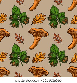 Padrão de vetor sem emenda com cogumelos chanterelle, avelãs, folhas de carvalho e ramos outonais, criando um design de outono vibrante perfeito para projetos com temática de queda.