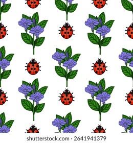 Seamless vector pattern featuring charming ladybugs and delicate purple flowers on a pristine white background, creating a cheerful and vibrant floral design.