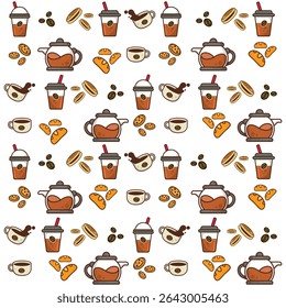 Padrão de vetor sem costura com rabiscos encantadores de xícaras de café, bules de chá, feijões, biscoitos e doces. Perfeito para cafés, embalagens, têxteis e fundos da web.