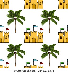 Seamless vector pattern featuring charming hand-drawn sandcastles adorned with colorful flags and lush tropical palm trees, creating a playful summer vibe.
