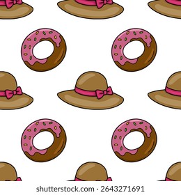 Seamless vector pattern featuring charming brown hats with pink bows and delicious chocolate donuts with pink icing and sprinkles, creating a delightful and sweet aesthetic.