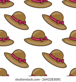 Seamless vector pattern featuring charming brown hats adorned with pink ribbons and bows, creating a delightful and elegant design perfect for fashion or summer-themed projects.