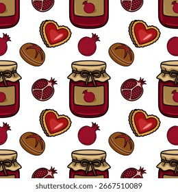 Seamless vector pattern featuring charming illustrations of pomegranate jam jars, heart shaped cookies, and pomegranate seeds, creating a delightful and appetizing design.