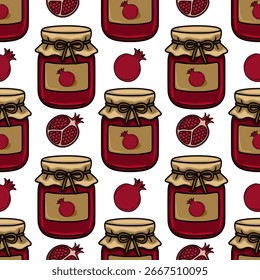 Seamless vector pattern featuring charming illustrations of pomegranate jam jars and pomegranate fruit slices, creating a delightful and appetizing design.