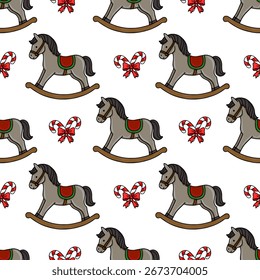 Seamless vector pattern featuring charming grey rocking horses and festive candy canes with red bows, creating a cheerful Christmas-themed design perfect for wrapping paper, fabric, or holiday deco...