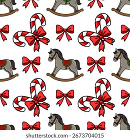 Seamless vector pattern featuring charming hand-drawn rocking horses, candy canes, and festive red bows on a white background, perfect for Christmas-themed designs.