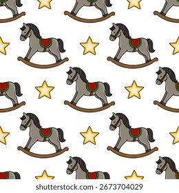 Seamless vector pattern featuring charming grey rocking horses and golden stars, ideal for childrens textile, wrapping paper, or festive backgrounds.
