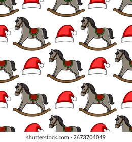 Seamless vector pattern featuring charming grey rocking horses and festive Santa hats, perfect for Christmas-themed designs and winter celebrations.