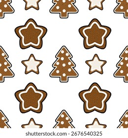 Padrão de vetor sem costura com biscoitos de gengibre encantadores em forma de estrelas e árvores de Natal, decorados com glacê branco e pontos, criando um design festivo e alegre feriado.