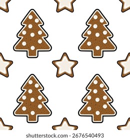 Padrão de vetor sem costura com árvores de Natal e estrelas de gengibre encantadoras, perfeito para fundos festivos e projetos de férias de inverno.