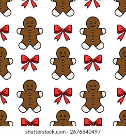 Seamless vector pattern featuring charming gingerbread men and festive red bows on a crisp white background, ideal for Christmas-themed designs.
