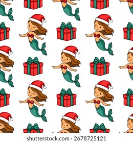Seamless vector pattern featuring charming Christmas mermaids in Santa hats and festive red presents, creating a whimsical underwater holiday design.