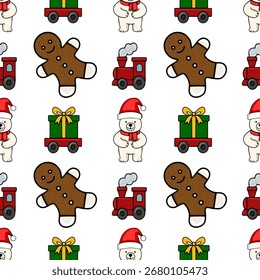 Seamless vector pattern featuring charming Christmas elements: a polar bear in a Santa hat, gingerbread men, toy trains, and gift carts, creating a festive and playful winter wonderland.