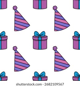 Seamless vector pattern featuring charming hand-drawn purple gift boxes with teal ribbons and striped party hats, perfect for festive celebrations.