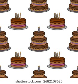 Seamless vector pattern featuring charming cartoon chocolate cakes with candles, perfect for festive backgrounds or celebratory designs.