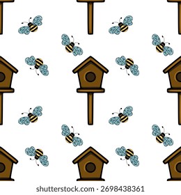 Seamless vector pattern featuring charming cartoon bees flying around brown birdhouses on a white background.