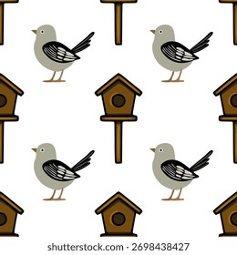 Seamless vector pattern featuring charming cartoon birds and wooden birdhouses on a clean white background, evoking a sense of nature and simplicity.