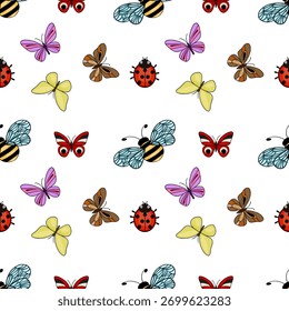 Padrão de vetor sem costura com uma coleção encantadora de insetos coloridos, incluindo borboletas, abelhas e joaninhas, colocados contra um fundo branco limpo.