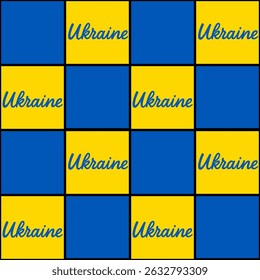 Seamless vector pattern featuring a checkerboard design in vibrant yellow and blue, with the word Ukraine elegantly scripted in blue across each yellow square.