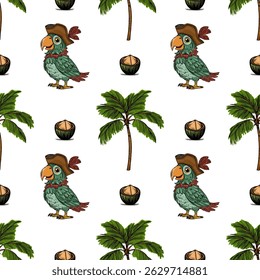 Seamless vector pattern featuring cheerful pirate parrots in tricorn hats, lush palm trees, and coconuts, creating a vibrant tropical island adventure design.