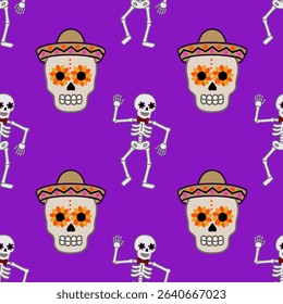 Seamless vector pattern featuring cheerful dancing skeletons with floral skull motifs and sombreros, set against a vibrant purple backdrop, perfect for Day of the Dead celebrations.