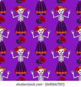 Seamless vector pattern featuring cheerful Day of the Dead skeletons in vibrant purple dresses, orange hats adorned with red roses, and waving hands against a rich purple background.