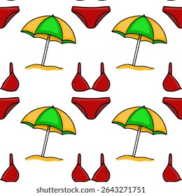 Seamless vector pattern featuring a cheerful summer design with red bikinis and yellow-green beach umbrellas planted in the sand, creating a vibrant and playful beach vibe.