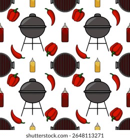 Seamless vector pattern featuring a cheerful BBQ grill, red bell peppers, chili peppers, ketchup, and mustard, perfect for summer-themed designs.