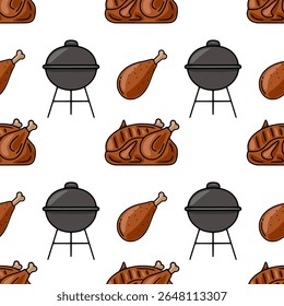 Padrão de vetor sem emenda com uma ilustração de churrasco alegre com frango assado, baquetas e uma grelha de carvão, perfeito para projetos com tema de verão.