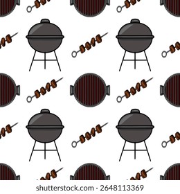 Padrão de vetor sem costura com uma ilustração alegre de grelhadores a carvão, espetos com carne grelhada, perfeito para o design de festa de churrasco de verão ou blog de comida.