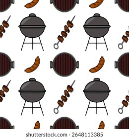 Seamless vector pattern featuring a cheerful BBQ illustration with charcoal grills, sausages, and skewers of meat, perfect for summer-themed designs.