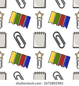 Seamless vector pattern featuring cheerful stationery items: paper clips, colorful flags, and spiral notebooks, ideal for kids projects or office-themed designs.
